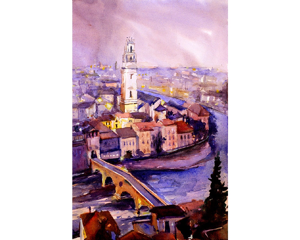 Verona, Italia vista aérea pintura de bellas artes. Pintura acuarela de la torre del Duomo de Verona. Pintura de acuarela Italia (impresión)