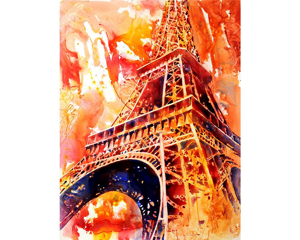 Watercolor painting of the iron lattice of the Eiffel Tower in Paris, France on YUPO synthetic paper by Raleigh, NC artist Ryan Fox