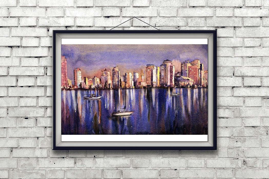 Horizonte de Vancouver por la noche, Canadá. Pintura original en acuarela de barcos en Vancouver, BC. Skyline Vancouver BC barco arte acuarela arte