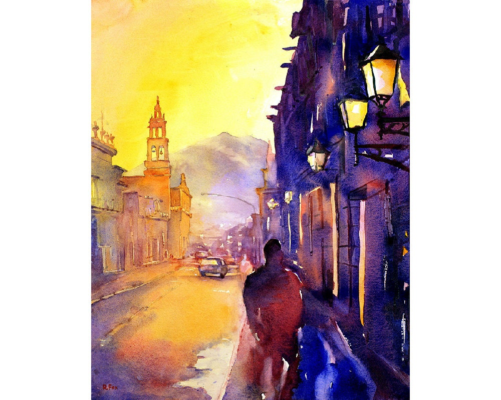Scenic watercolor artwork of a quiet street in Morelia with a church and flowering trees, perfect for travel lovers and elegant home decor.