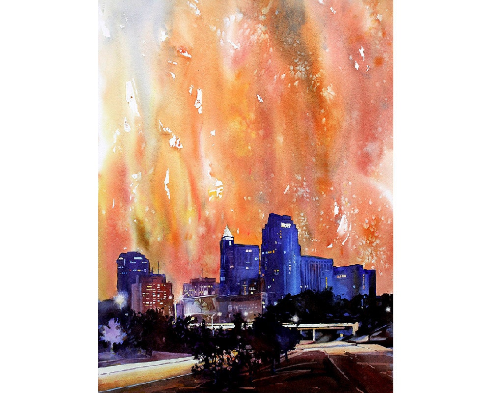 Raleigh, NC downtown skyscrapers silhouetted at sunset- fine art watercolor painting. Raleigh painting, Raleigh skyline watercolor (print)
