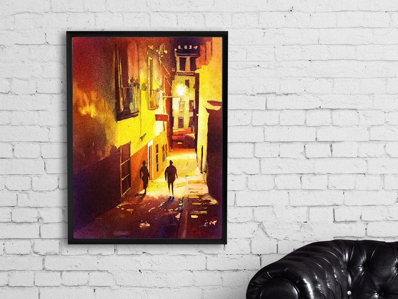 Guanajuato watercolor painting cityscape (print) featuring a peaceful nighttime street scene with warm lights and shadowed walls—ideal for cozy, travel-inspired decor.