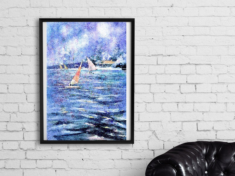 Pintura acuarela de barcos navegando en las aguas azules del lago Torch en Michigan. Arte náutico, pintura de vela, barcos de acuarela (impresión)