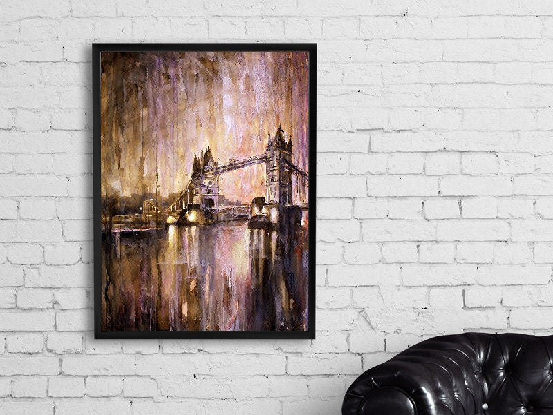 Tower Bridge on River Thames at sunset in the city of London- UK, art London watercolor painting wall print, Tower Bridge wall art print
