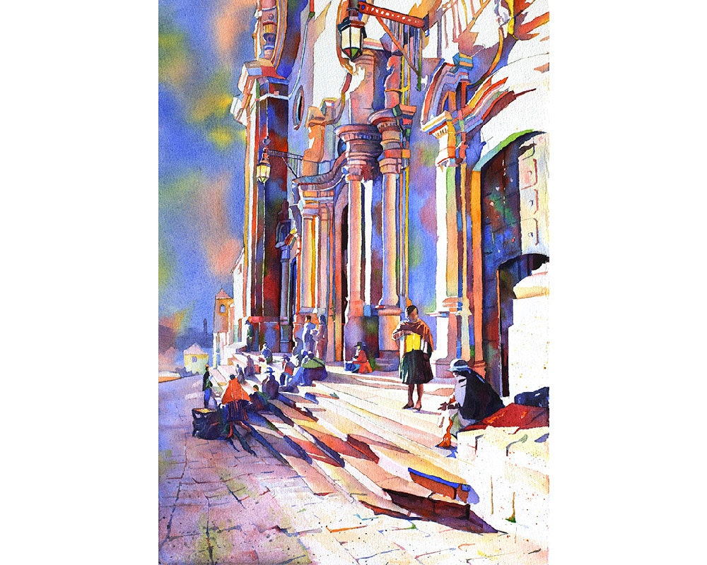 Catedral en Bolivia en la ciudad de Potosí-Sudamérica, Impresión de bellas artes de pintura en acuarela, Iglesia en acuarela Potosí Bolivia (impresión)