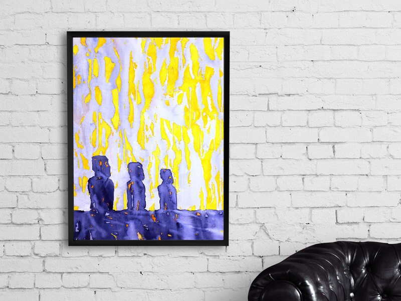 Gorgeous Moai watercolor by Ryan Fox, blending fine art detail with rich red and earth tones—perfect for art for home/office and modern interiors.