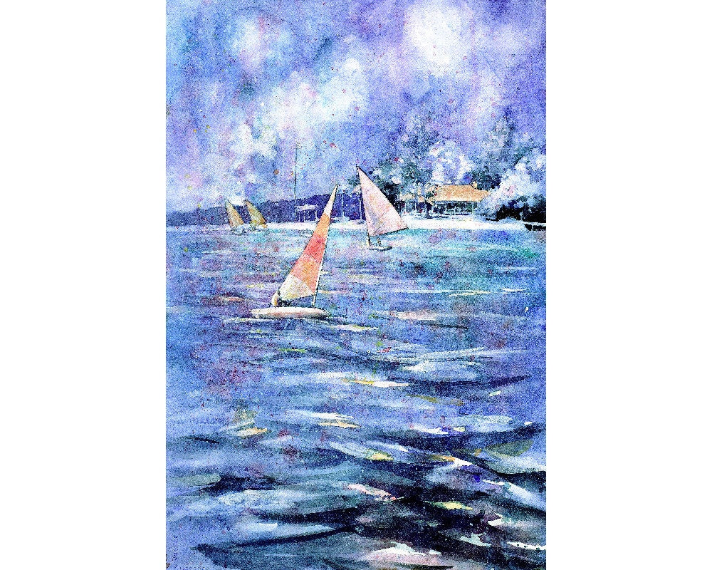 Pintura acuarela de barcos navegando en las aguas azules del lago Torch en Michigan. Arte náutico, pintura de vela, barcos de acuarela (impresión)