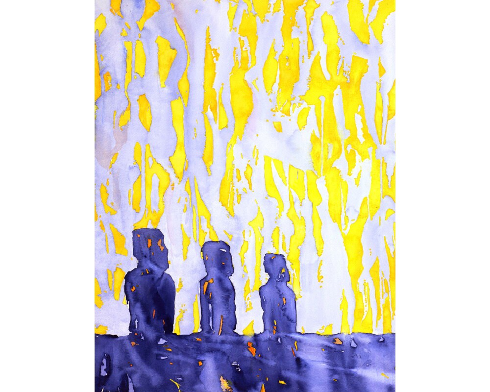 Original watercolor painting of Easter Island Moai ruins in expressive batik-inspired technique—great as fine art wall decor for artful homes.