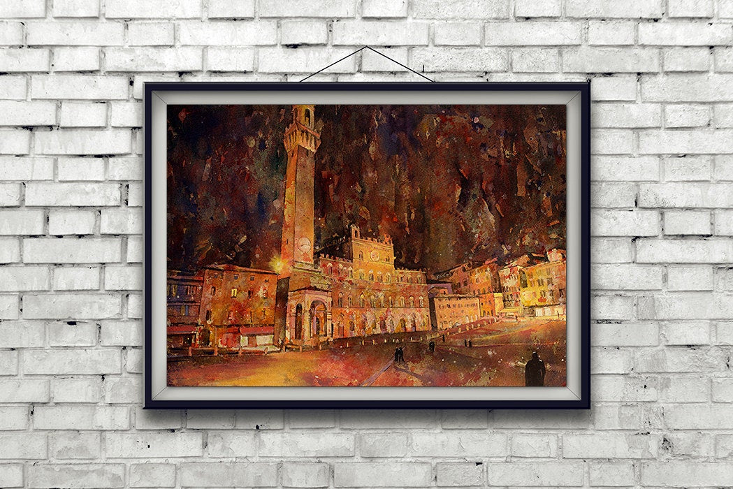 Pintura de bellas artes de Siena Italia - Piazza del Campo. Arte Siena pintura acuarela Siena Italia arte Venecia pintura de acuarela (impresión)