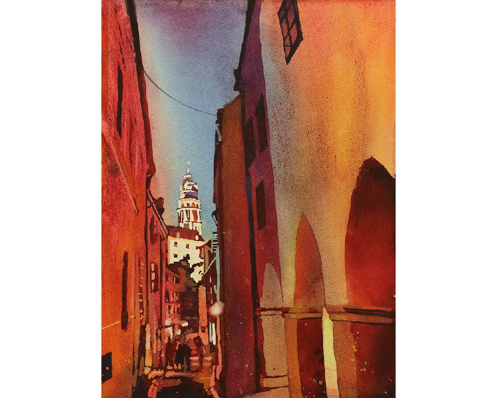 Castillo que se eleva sobre la ciudad- Cesky Krumlov, República Checa. Pintura de acuarela de bellas artes. Impresión de acuarela. Cesky Krumlow (impresión)