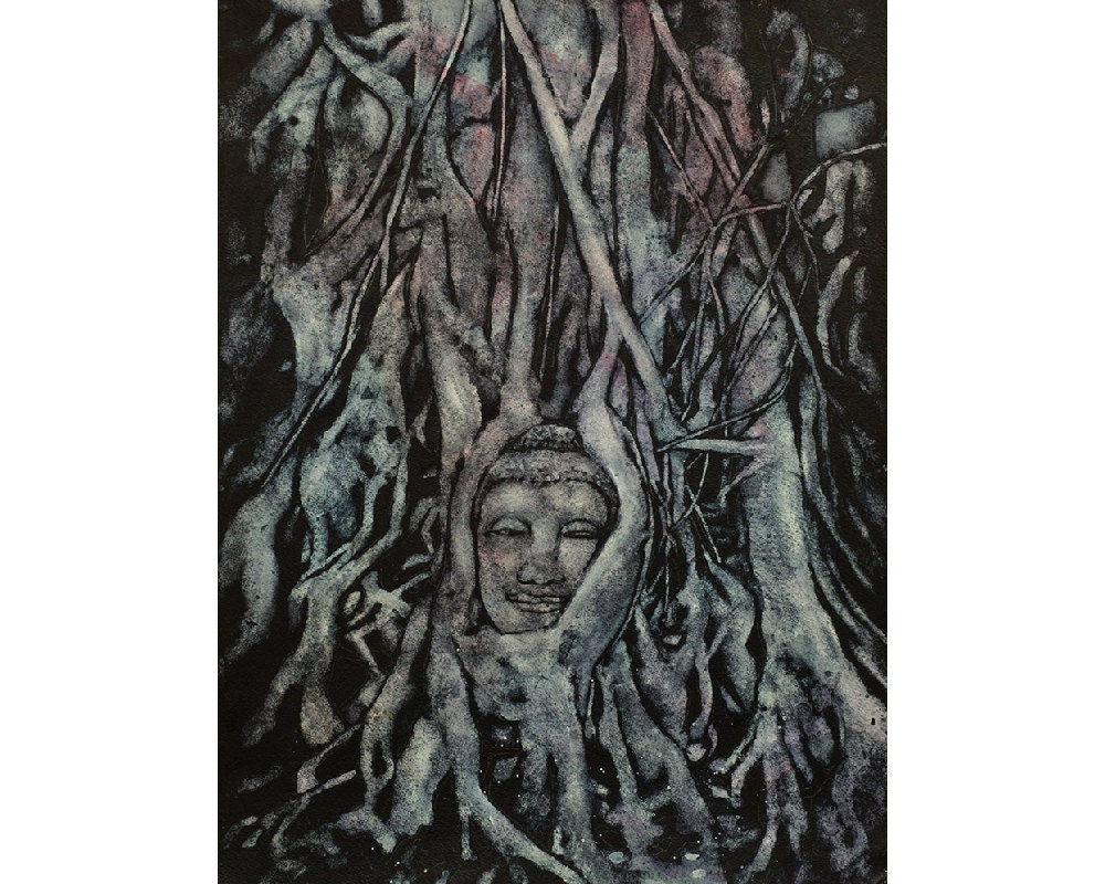 Cabeza de Buda entrelazada en las raíces de los árboles en Wat Mahathat- Ayutthaya, Tailandia. Arte budista Ahutthaya pintura acuarela arte budismo (impresión)
