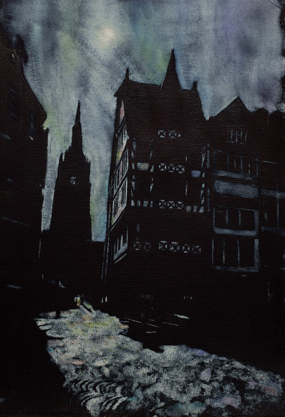 Frankfurt, Alemania iglesia acuarela pintura iluminada por la luna. Bellas artes Alemania arte Frankfurt impresión acuarela pintura arte blanco negro Alemania (impresión)
