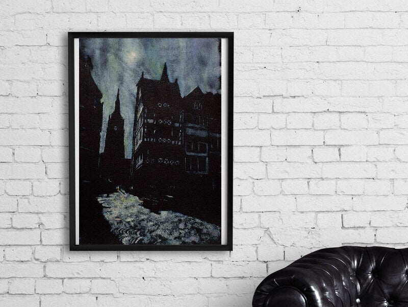 Frankfurt, Alemania iglesia acuarela pintura iluminada por la luna. Bellas artes Alemania arte Frankfurt impresión acuarela pintura arte blanco negro Alemania (impresión)