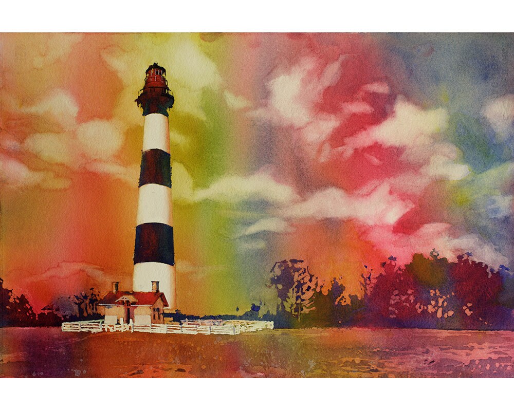 Pintura del faro de Bodie Island- Outer Banks (OBX) de Carolina del Norte- Estados Unidos. Faro arte pintura acuarela paisaje faro arte (impresión)