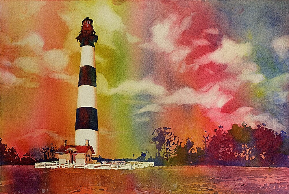 Pintura del faro de Bodie Island- Outer Banks (OBX) de Carolina del Norte- Estados Unidos. Faro arte pintura acuarela paisaje faro arte (impresión)