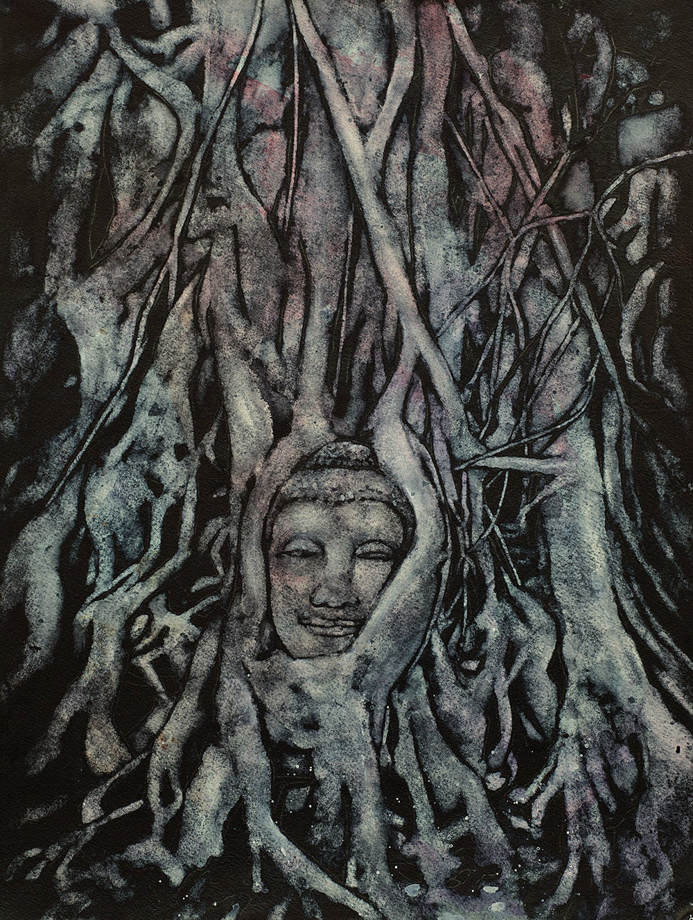 Cabeza de Buda entrelazada en las raíces de los árboles en Wat Mahathat- Ayutthaya, Tailandia. Arte budista Ahutthaya pintura acuarela arte budismo (impresión)