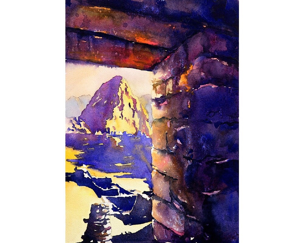 Pintura de acuarela de Machu Picchu- Valle Sagrado, Perú, pintura de acuarela de bellas artes Arte de Machu Picchu Perú arruina obras de arte de Machu Picchu (impresión)