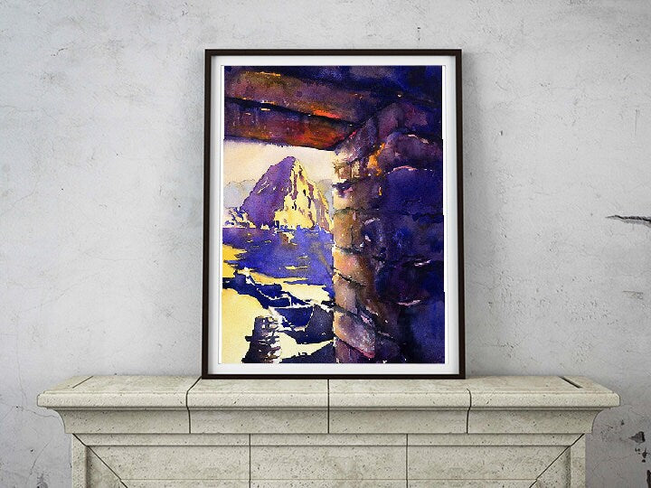 Pintura de acuarela de Machu Picchu- Valle Sagrado, Perú, pintura de acuarela de bellas artes Arte de Machu Picchu Perú arruina obras de arte de Machu Picchu (impresión)