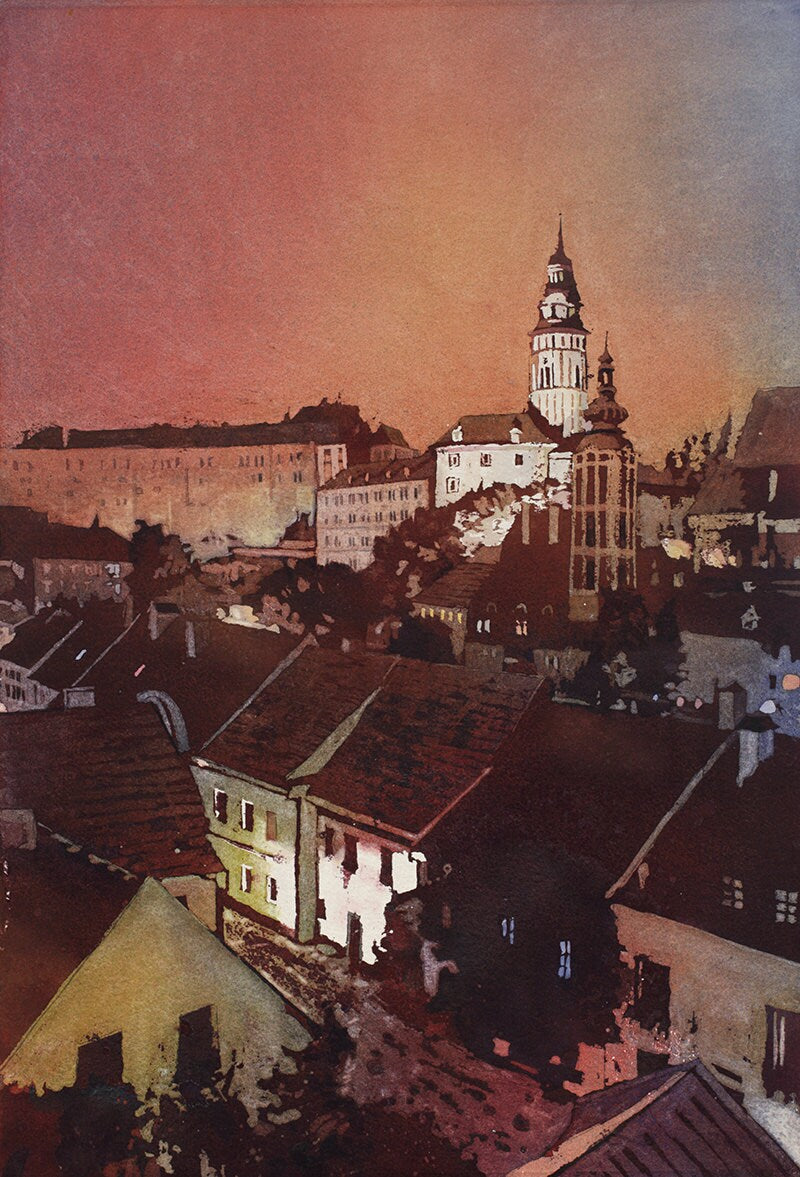 Pintura de acuarela de Cesky Krumlov en la República Checa. Pintura artística del castillo en Cesky Krumlov, República Checa, acuarela, bellas artes (impresión)