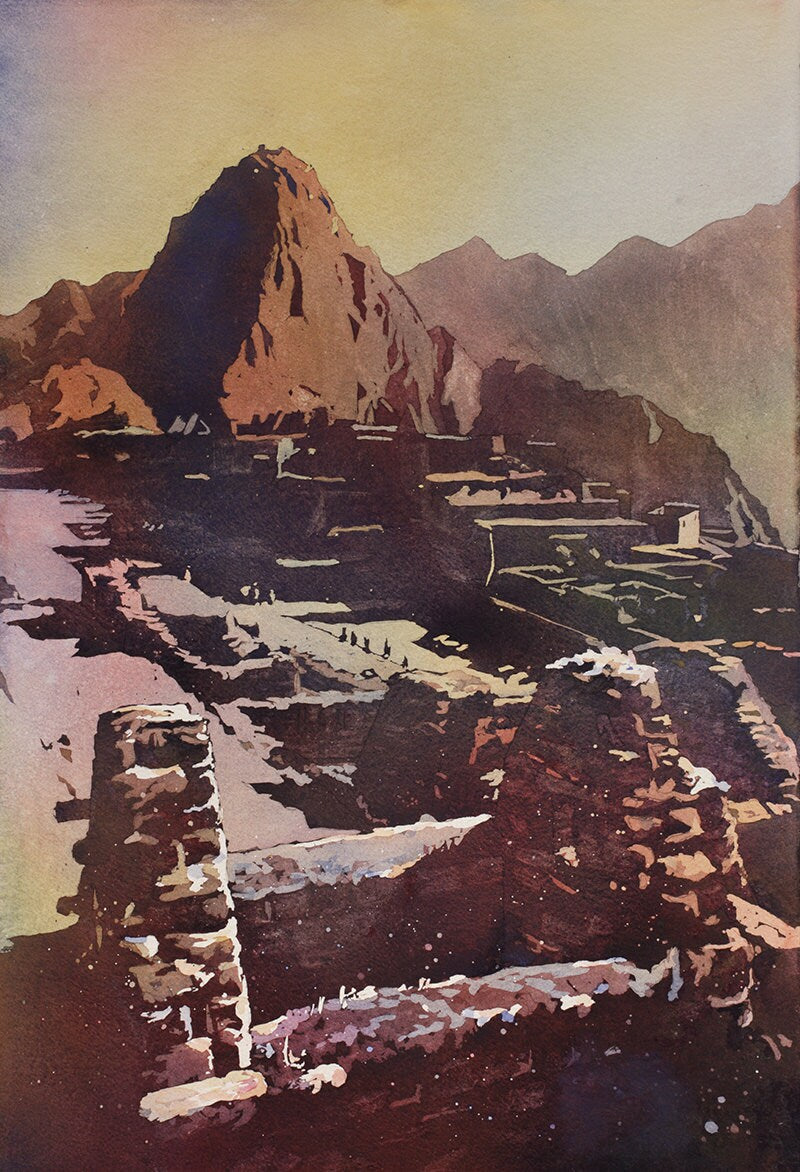 Watercolor painting of Sacred Valley Peru with Machu Picchu at sunrise, perfect for world travelers, alumni, or graduation gift-giving occasions.