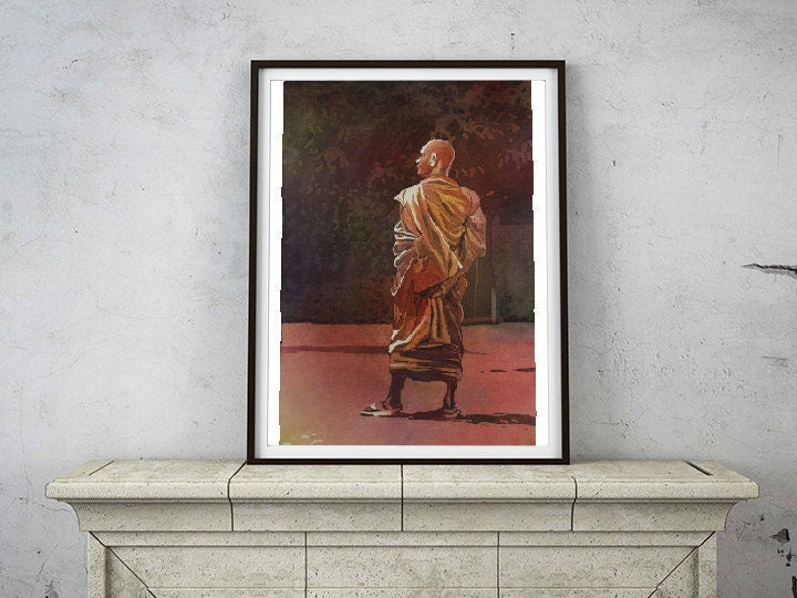 Watercolor painting of monk at Wat in city of Phnom Penh- Cambodia, watercolor art print Buddhism painting monk fine art print Cambodia art
