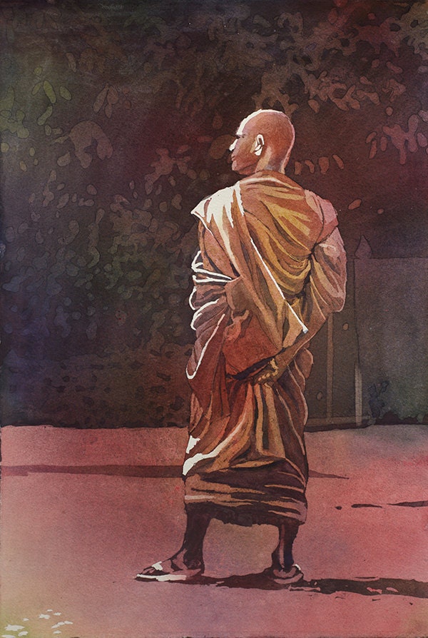 Watercolor painting of monk at Wat in city of Phnom Penh- Cambodia, watercolor art print Buddhism painting monk fine art print Cambodia art