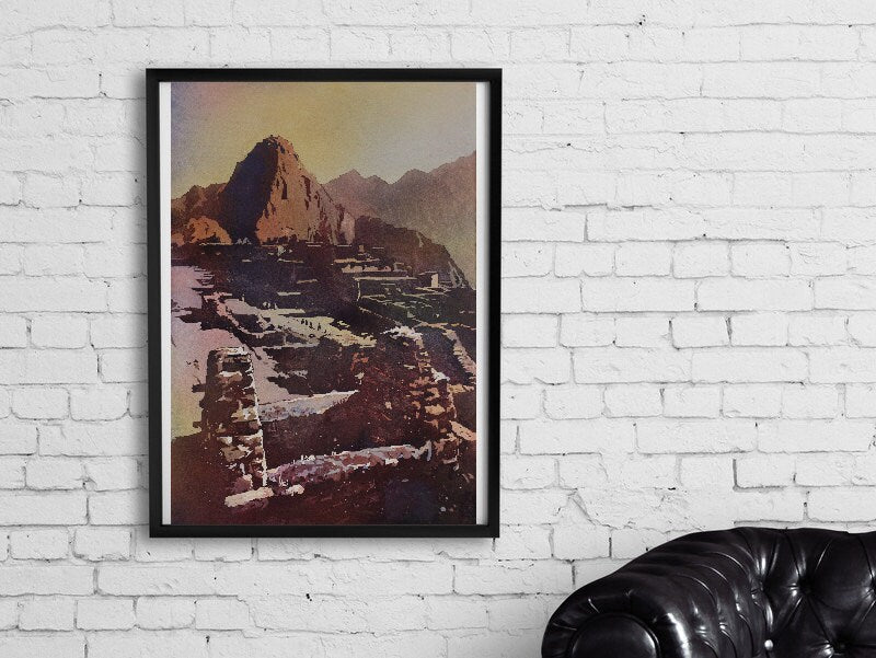 Colorful home decor print of Machu Picchu in watercolor style, bringing ancient history and vibrant tones together—an ideal university gift or fine art collectible.