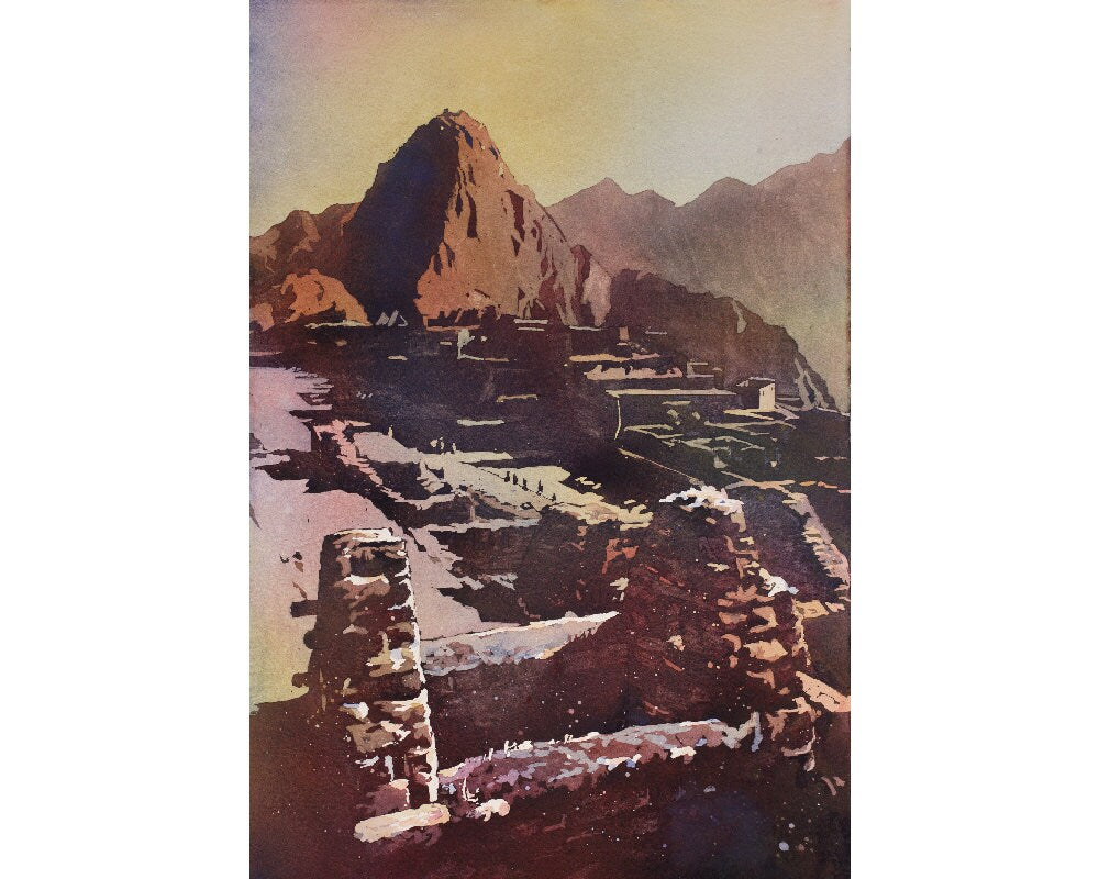 View from Hut of the Caretaker in Machu Picchu, depicted in fine art watercolor—Incan city ruins nestled in the Andean landscape, ideal for home design.