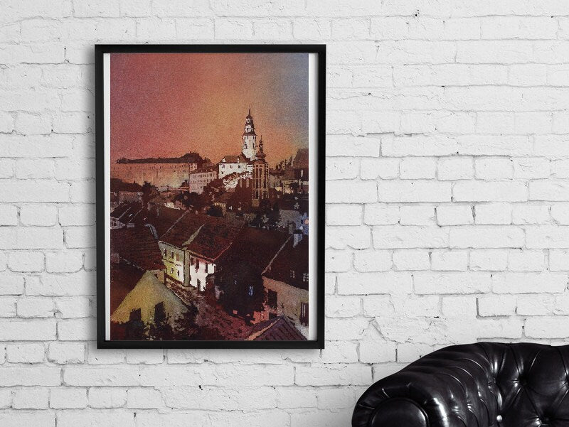 Pintura de acuarela de Cesky Krumlov en la República Checa. Pintura artística del castillo en Cesky Krumlov, República Checa, acuarela, bellas artes (impresión)