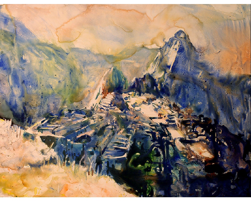 Atmospheric watercolor of the Incan citadel in Sacred Valley, Peru, as seen from the Hut of the Caretaker—ideal fine art wall print for those inspired by global heritage.