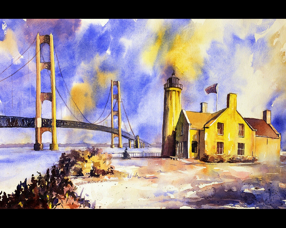 Puente y faro de Mackinac, MI, arte del faro, pintura del faro de acuarela Puente de Mackinac Michigan pintura acuarela (impresión)