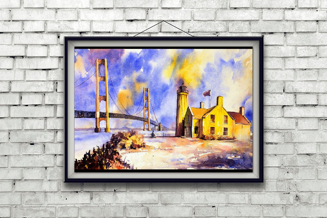 Puente y faro de Mackinac, MI, arte del faro, pintura del faro de acuarela Puente de Mackinac Michigan pintura acuarela (impresión)