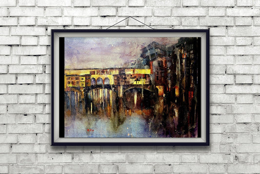 Ponte Vecchio bridge in Florence, Italy. Watercolor painting Ponte Vecchio Florence fine art skyline (print)