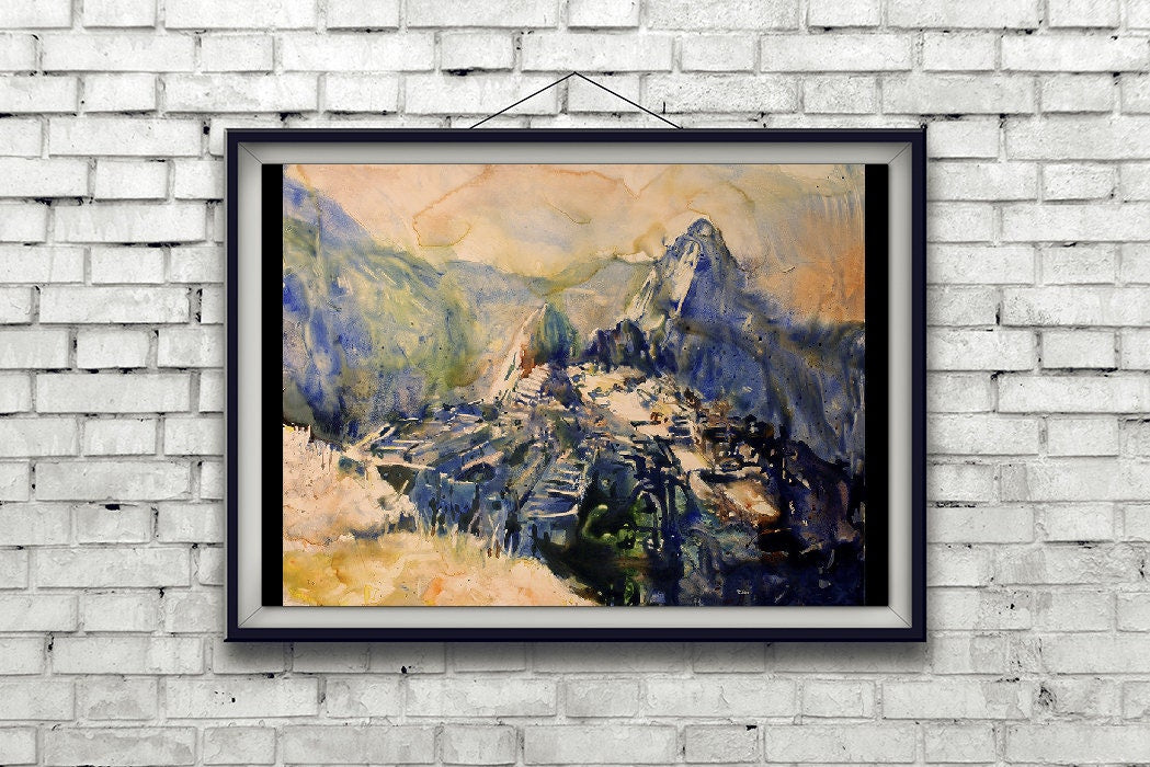 Colorful watercolor of Machu Picchu with a panoramic view from the Caretaker’s Hut, great for art collectors, travel buffs, and as a unique gift for him.