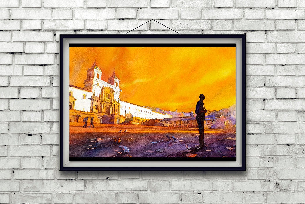 Sunset artwork South America church Quito