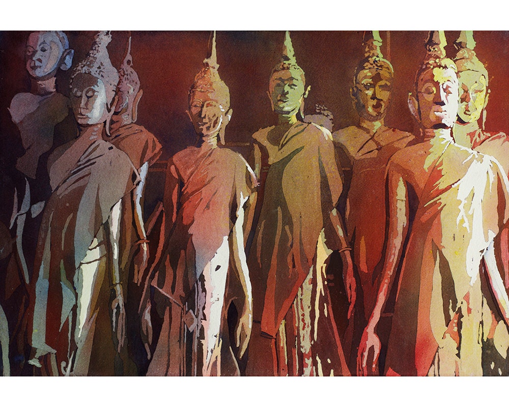 Estatuas de Buda en Wat en Vientiane-Laos, arte budista Acuarela de Laos, Impresión de acuarela, Pintura de acuarela Impresión de arte de pared de Buda Budismo (impresión)