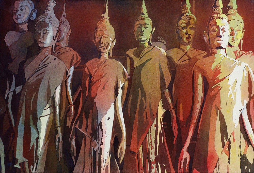 Estatuas de Buda en Wat en Vientiane-Laos, arte budista Acuarela de Laos, Impresión de acuarela, Pintura de acuarela Impresión de arte de pared de Buda Budismo (impresión)