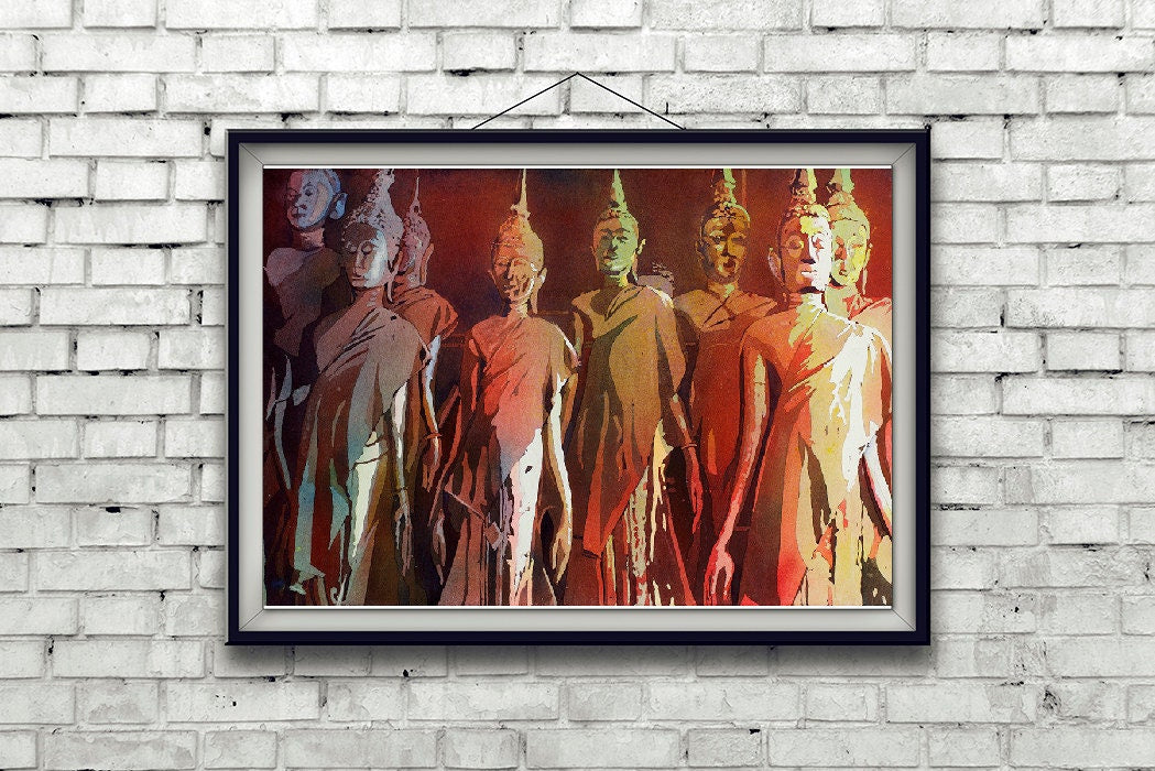 Estatuas de Buda en Wat en Vientiane-Laos, arte budista Acuarela de Laos, Impresión de acuarela, Pintura de acuarela Impresión de arte de pared de Buda Budismo (impresión)