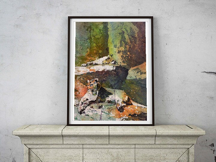 Watercolor batik lions resting peacefully on golden boulders, rendered on rice paper—ideal gift for him or her and travel-inspired interior design.