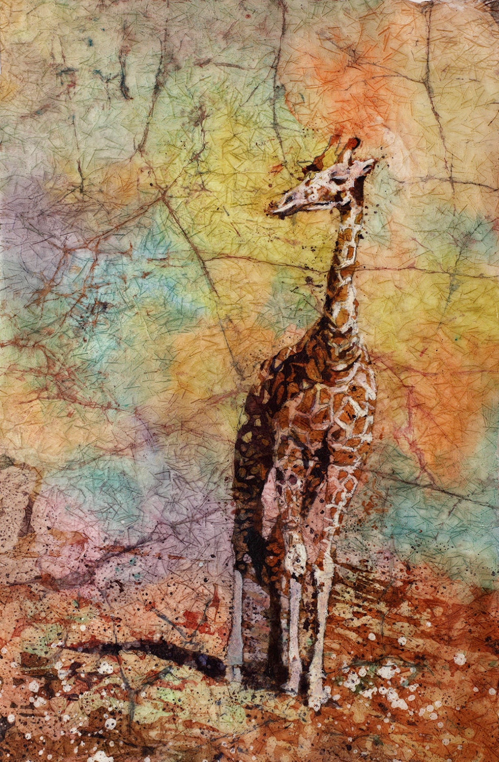 Colorful giraffe watercolor with a warm landscape and blue skies—great for home decor, especially in playful or nature-inspired rooms.