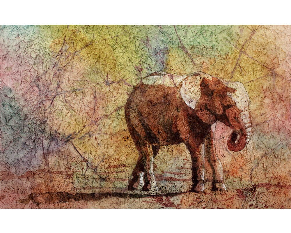 Elephant watercolor batik painting.  Elephant art watercolor painting elephant, painting elephant art, watercolor batik artwork of elephant (print)