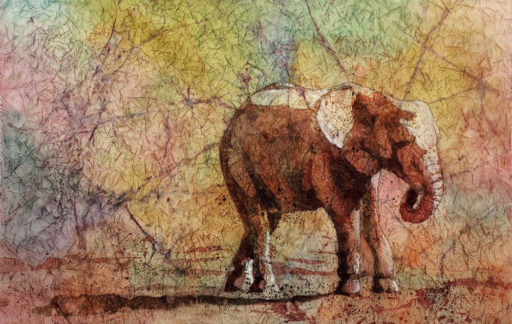 Elephant watercolor batik painting.  Elephant art watercolor painting elephant, painting elephant art, watercolor batik artwork of elephant (print)
