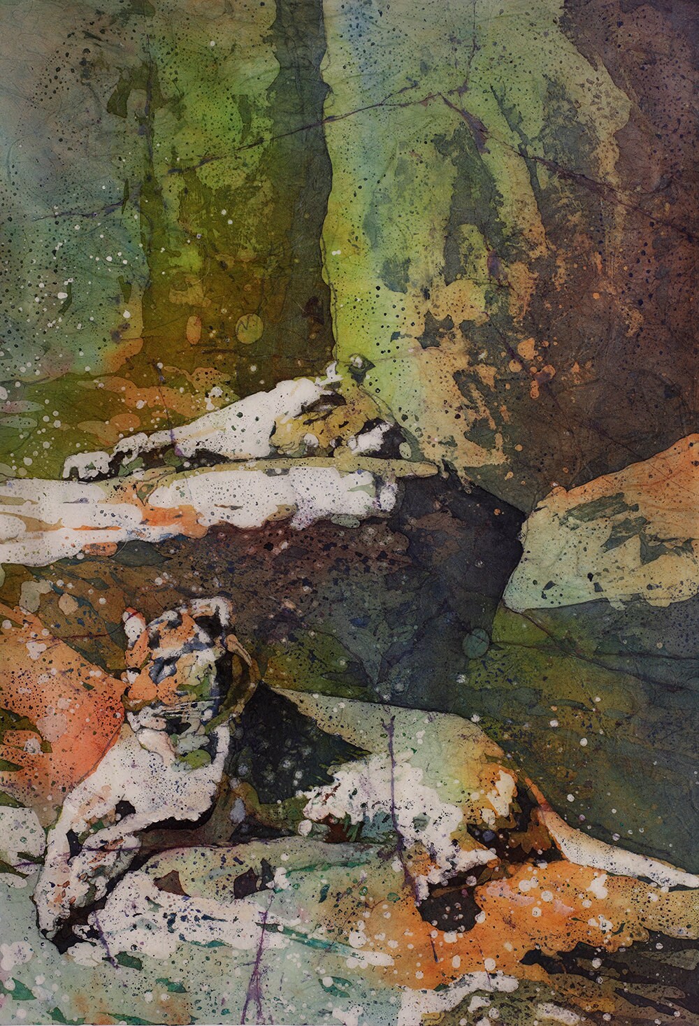 Lionesses soaking up the sun on natural rock formations at North Carolina Zoo, painted in detailed batik watercolor—great wildlife artwork for home decor.