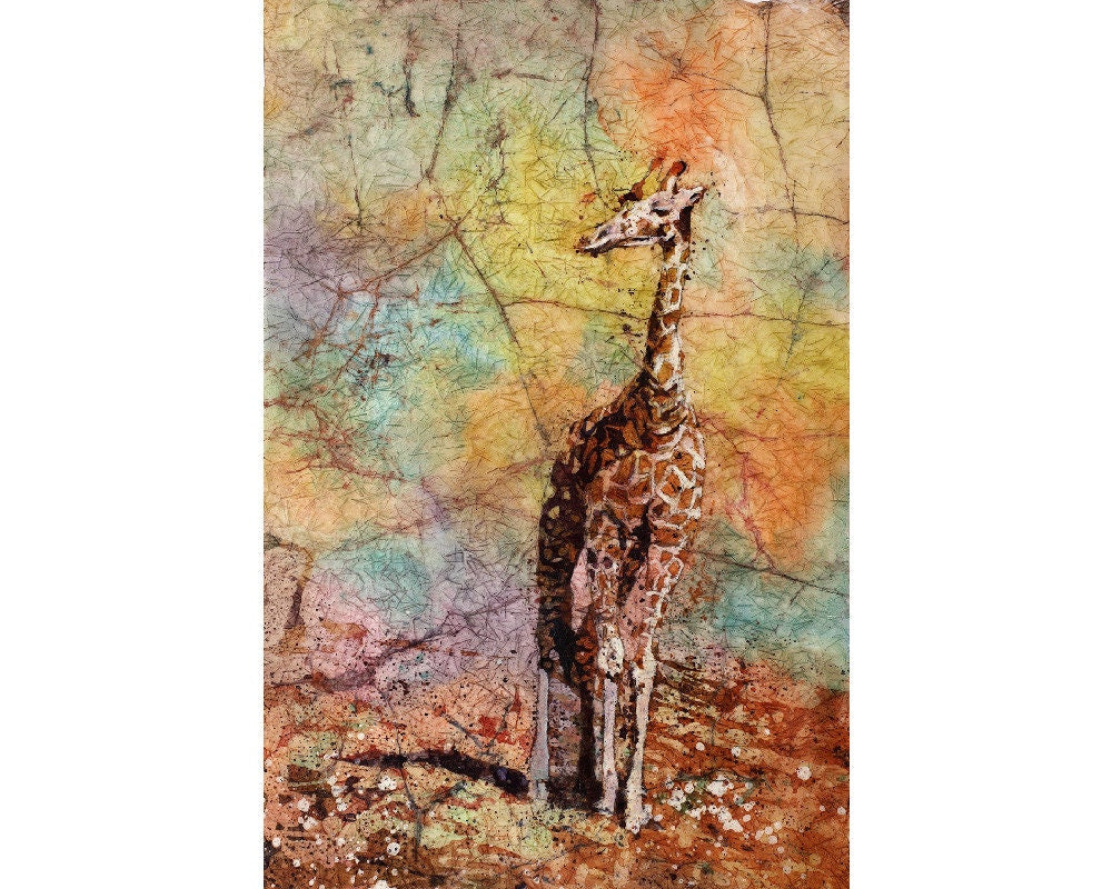 Watercolor batik on Japanese rice paper of giraffe walking at zoological park in North Carolina. Giraffe artwork. Giraffe watercolor.