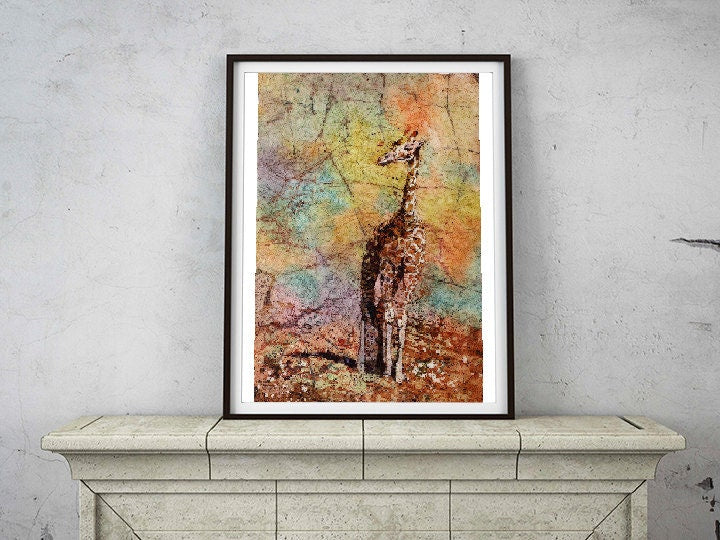 Handcrafted giraffe watercolor batik painting featuring bold patterns and earthy tones—perfect for animal-themed kids room or eclectic interiors.