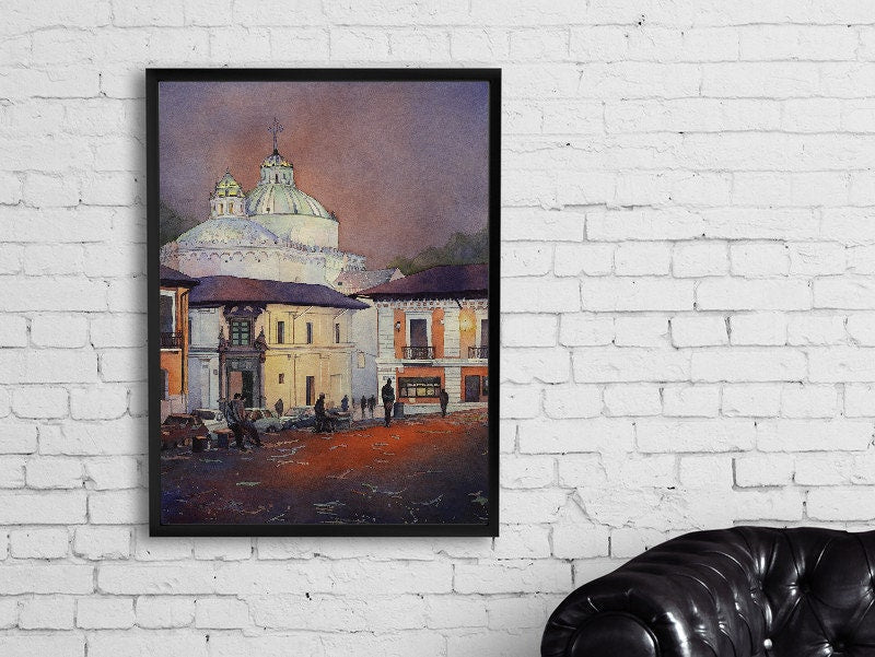 Church & colonial buildings in downtown Quito, Ecuador at sunset. Quito Ecuador watercolor painting Church watercolor fine art (print)