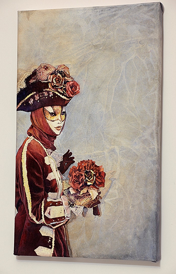Vibrant watercolor print of Venice Italy featuring a masked person in ornate Carnival attire.