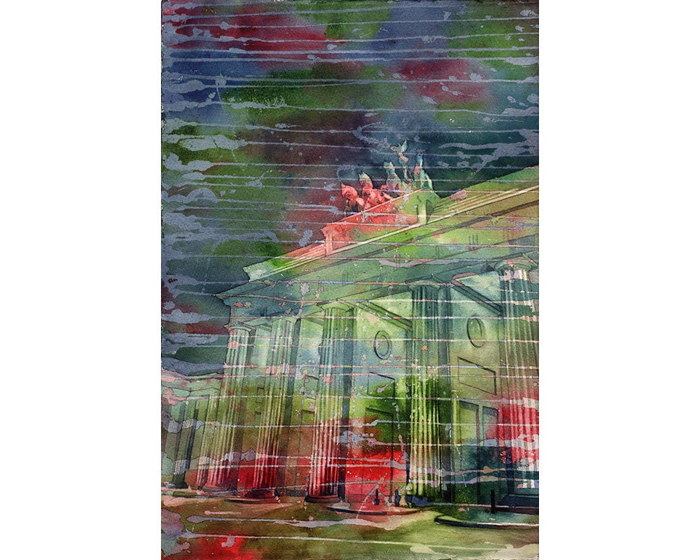 Brandenburg Gate at night in city of Berlin- Germany. Art Brandenburg Gate painting fine art print watercolor original Berlin Germany art (print)