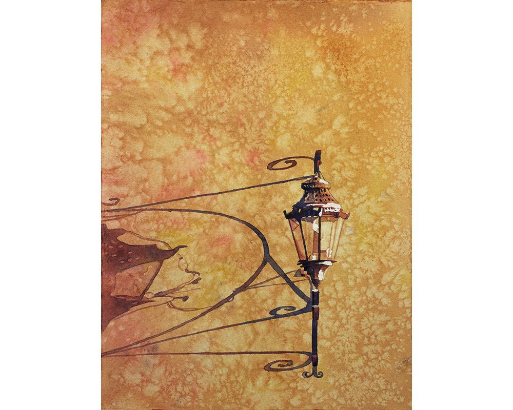 Romantic watercolor painting of a quiet alley in Guanajuato, Mexico, lit by golden lamps—great gift for him or her and ideal travel decor accent.