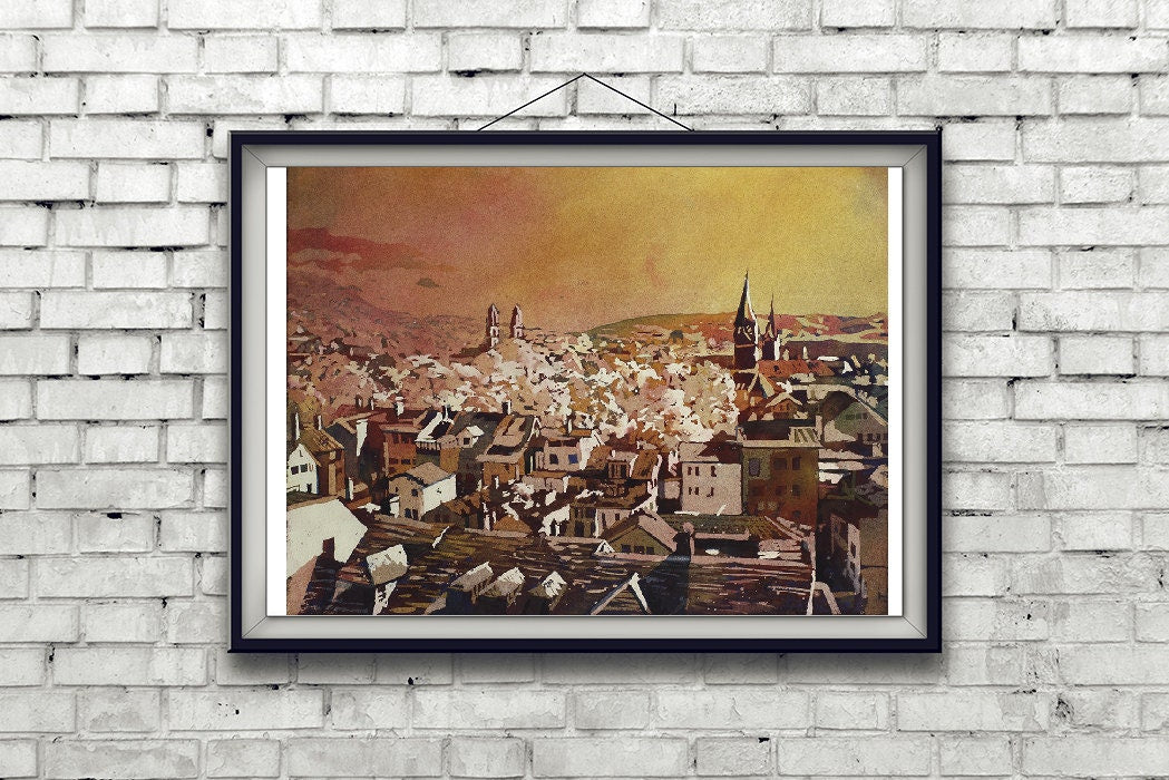 Zurich, Suiza pintura de acuarela de bellas artes. Vista aérea del centro de Zurich al atardecer, pintura de acuarela amarilla, bellas artes (impresión)